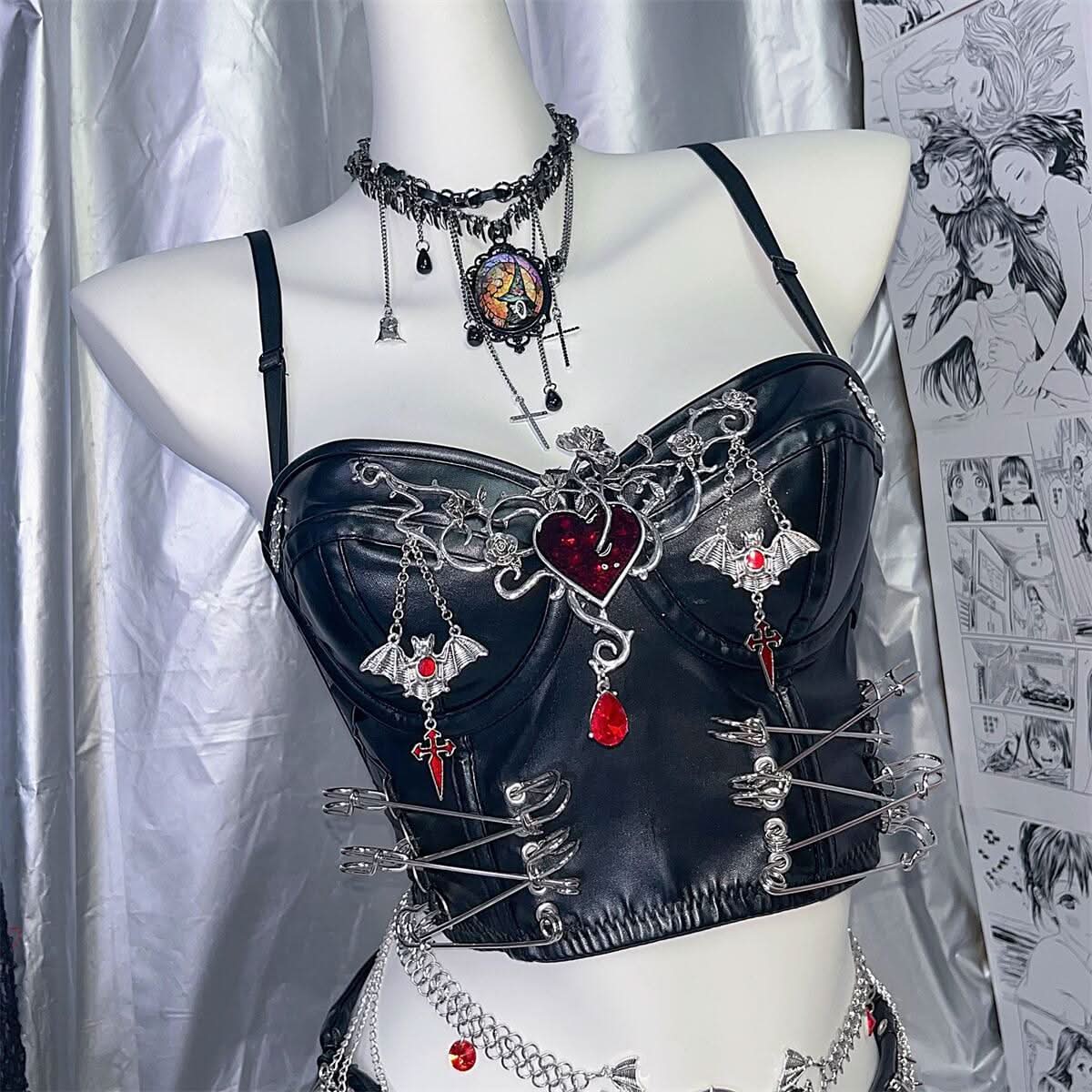 PU leather heart applique v neck backless cami top  | Festival Outfits Women