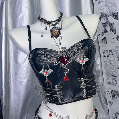 PU leather heart applique v neck backless cami top  | Festival Outfits Women