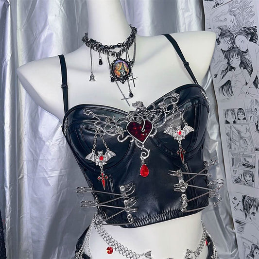 PU leather heart applique v neck backless cami top  | Festival Outfits Women