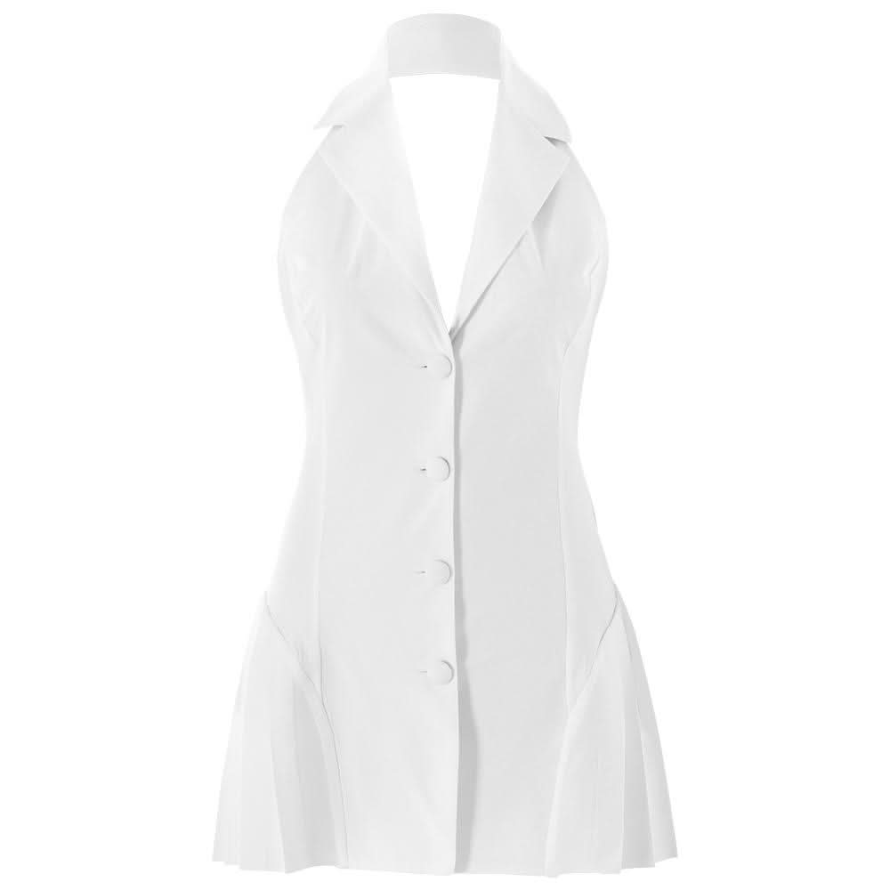 Halter deep V neck button pleated backless mini dress  | Festival Outfits Women