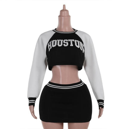 Long sleeve crewneck letter pattern crop mini skirt set  | Festival Outfits Women
