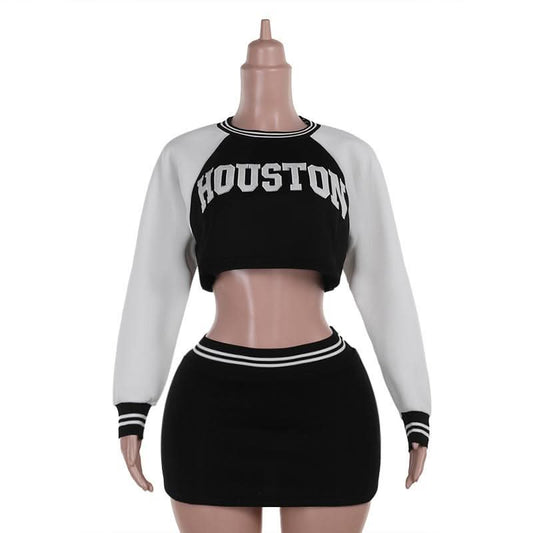 Long sleeve crewneck letter pattern crop mini skirt set  | Festival Outfits Women