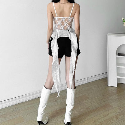 Mesh embroidery ruffle backless cami top  | Festival Outfits Women