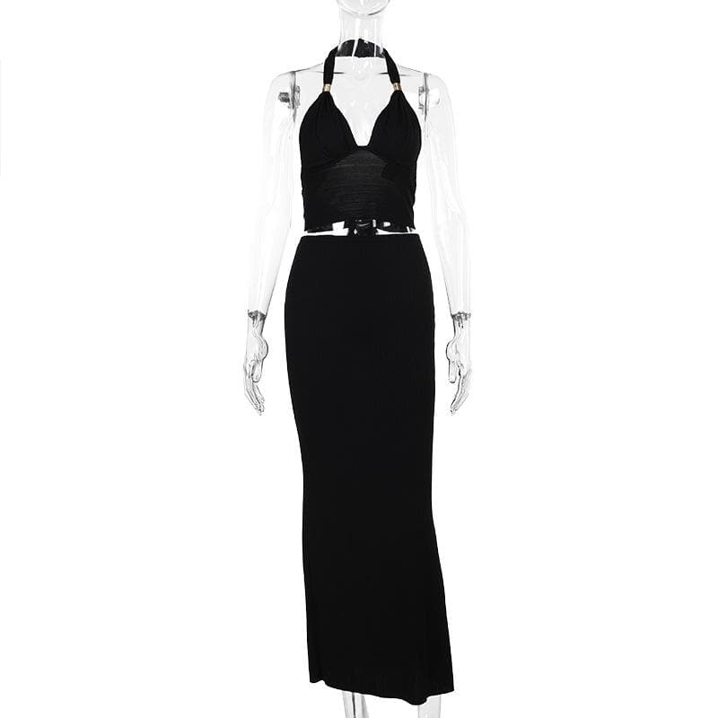 Halter v neck knotted backless maxi skirt set  | Festival Outfits Women