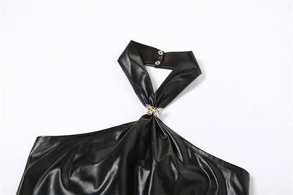 Halter PU leather button butterfly applique top  | Festival Outfits Women