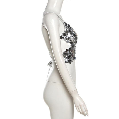 Butterfly pattern glitter lace up cami top  | Festival Outfits Women