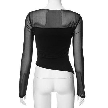 Mesh patchwork irregular solid long sleeve top  | Festival Outfits Women