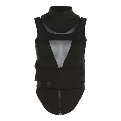 Hollow out high neck corset sleeveless zip-up crop cut out top