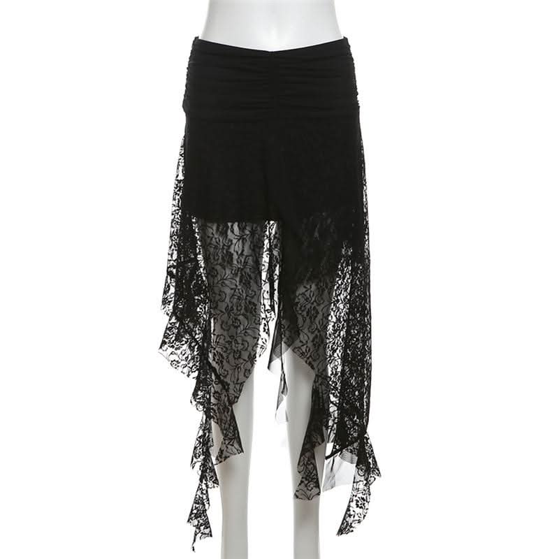 Lace mesh patchwork ruched ruffle midi skirt  | Festival Outfits Women