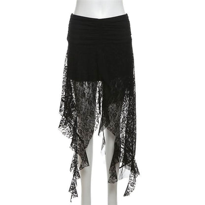 Lace mesh patchwork ruched ruffle midi skirt  | Festival Outfits Women