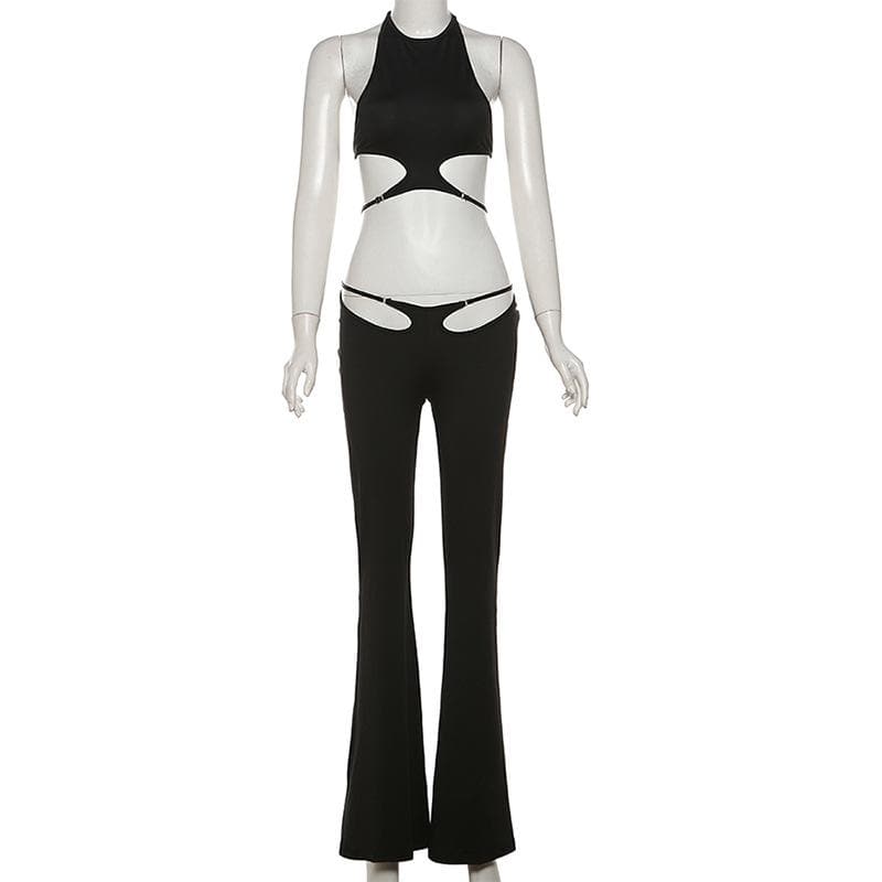 Halter hollow out solid backless pant set  | Festival Outfits Women