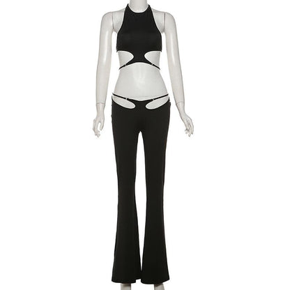 Halter hollow out solid backless pant set  | Festival Outfits Women