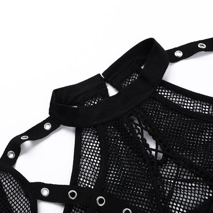Short sleeve fishnet hollow out patchwork cut out top  | Festival Outfits Women