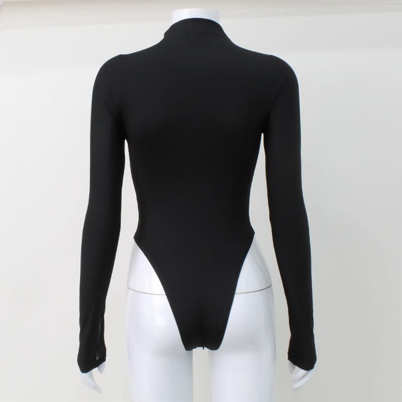 Long sleeve high neck mesh patchwork bodysuit  | Festival Outfits Women