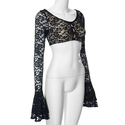 Long flared sleeve lace u neck button backless crop top  | Festival Outfits Women