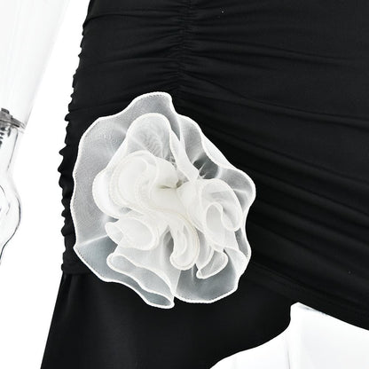 Halter ruched flower applique ruffle mini dress  | Festival Outfits Women