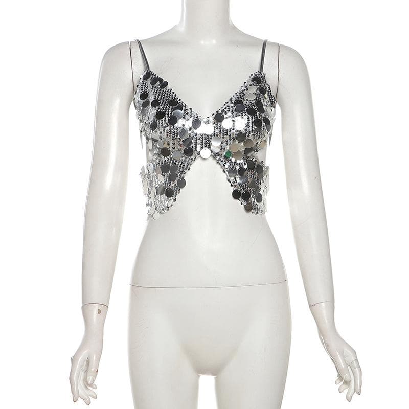 Butterfly pattern glitter lace up cami top  | Festival Outfits Women