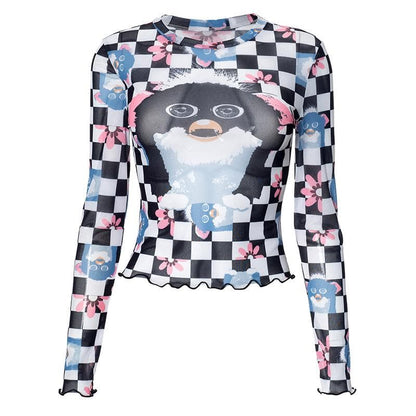 Long sleeve plaid print sheer mesh top  | Festival Outfits Women