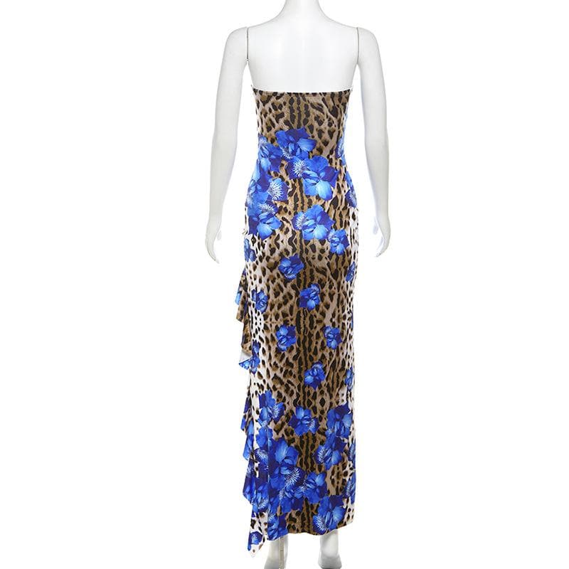 Leopard print contrast ruffle high slit tube maxi dress  | Festival Outfits Women