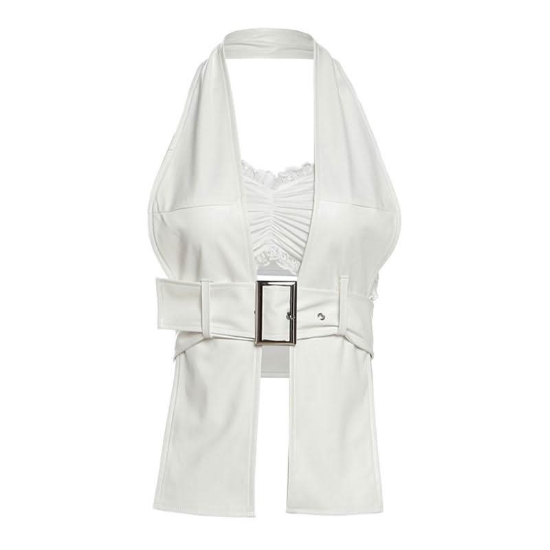 Halter lace hem PU leather 2 piece ruched top  | Festival Outfits Women