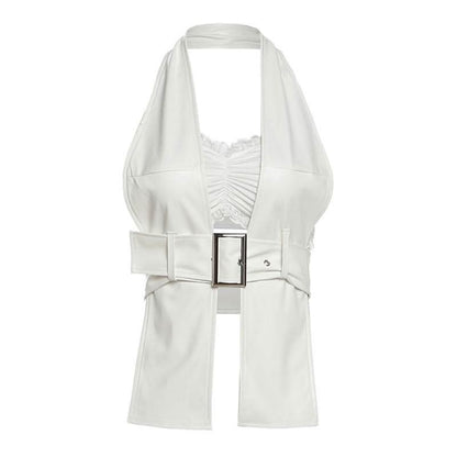 Halter lace hem PU leather 2 piece ruched top  | Festival Outfits Women