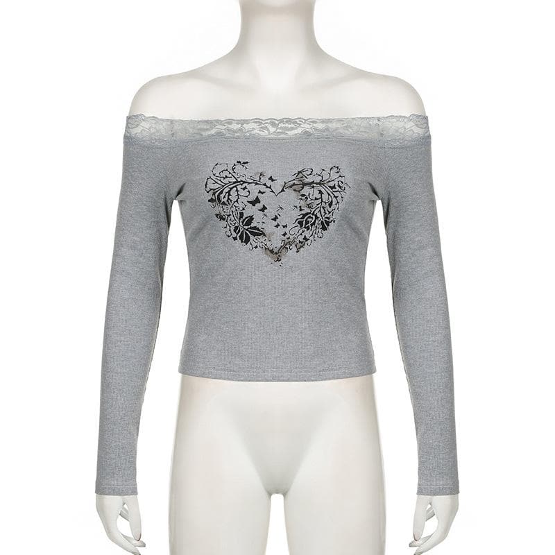 Long sleeve off shoulder ribbed heart pattern lace hem top  | Festival Outfits Women
