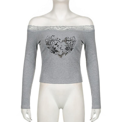 Long sleeve off shoulder ribbed heart pattern lace hem top  | Festival Outfits Women