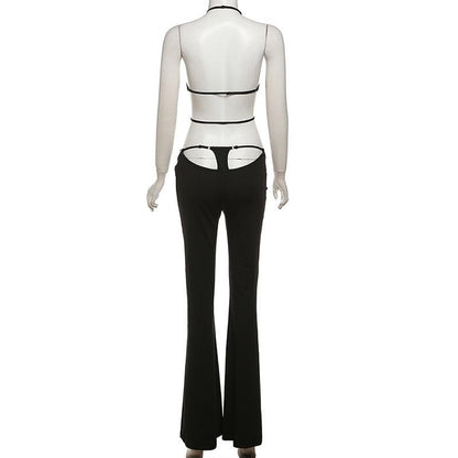 Halter hollow out solid backless pant set  | Festival Outfits Women