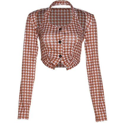 Long sleeve contrast plaid halter button slit crop top