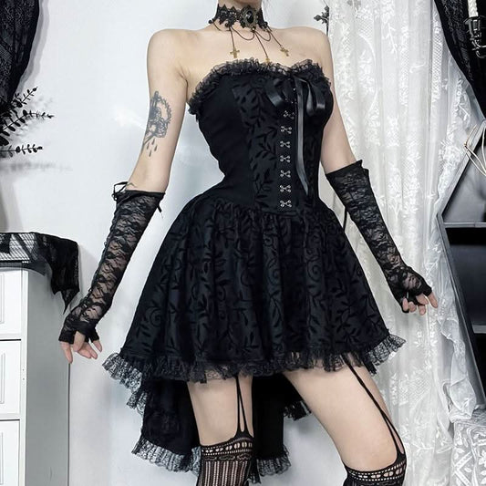 Sweetheart neck lace hem ruffle button mini dress  | Festival Outfits Women