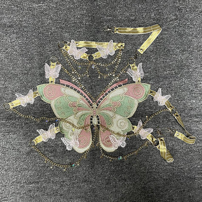 Butterfly embroidery metal chain halter top with choker  | Festival Outfits Women