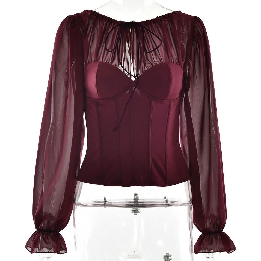 Long sleeve chiffon patchwork corset zip-up top  | Festival Outfits Women