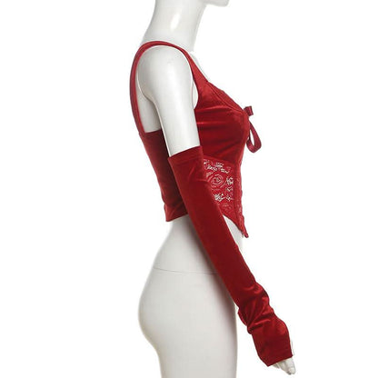 Gloves bowknot lace velvet patchwork cami top  | Festival Outfits Women