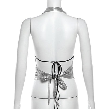 Halter metallic glitter cowl neck ruched 2 piece top  | Festival Outfits Women