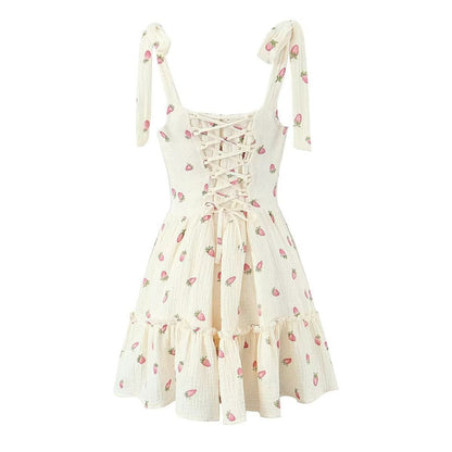 Square neck strawberry print lace up cami mini dress  | Festival Outfits Women