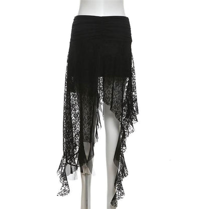 Lace mesh patchwork ruched ruffle midi skirt  | Festival Outfits Women