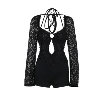 Long sleeve halter self tie lace hollow out romper  | Festival Outfits Women