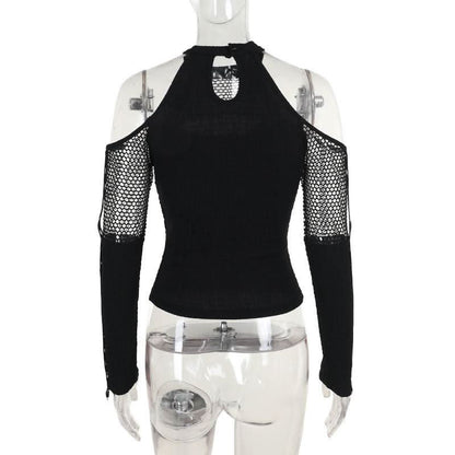 Off shoulder long sleeve fishnet patchwork buckle top  | Festival Outfits Women