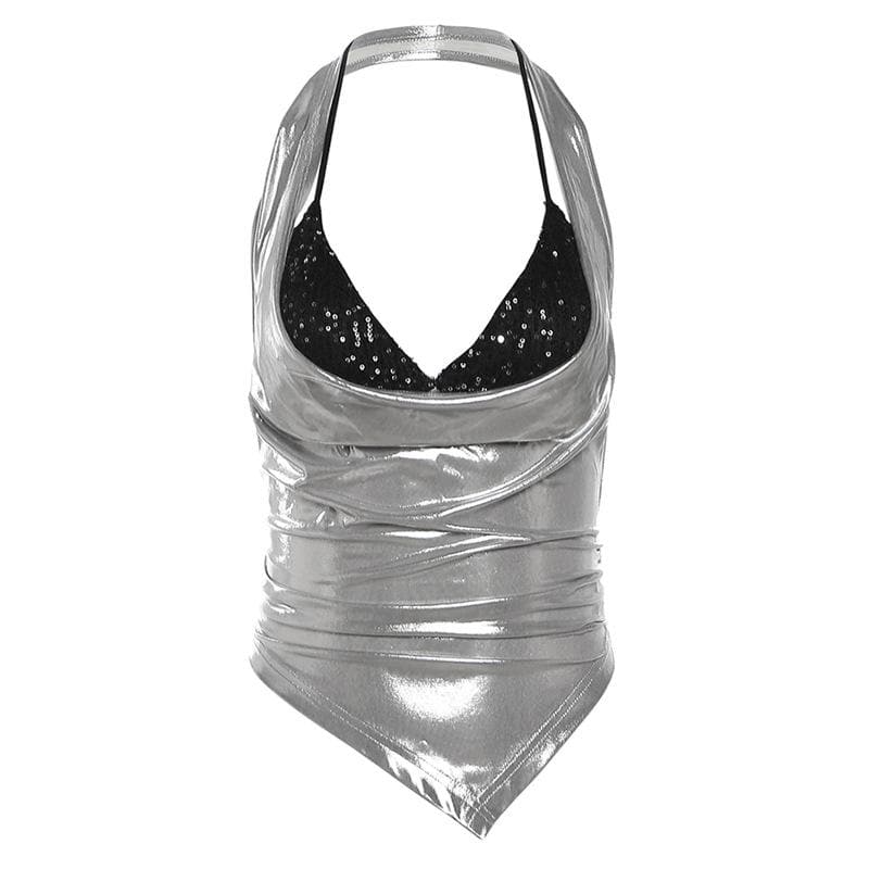 Halter metallic glitter cowl neck ruched 2 piece top  | Festival Outfits Women