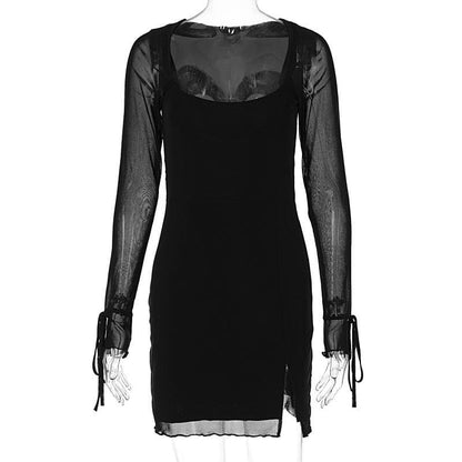 Long sleeve slit mesh square neck mini dress  | Festival Outfits Women