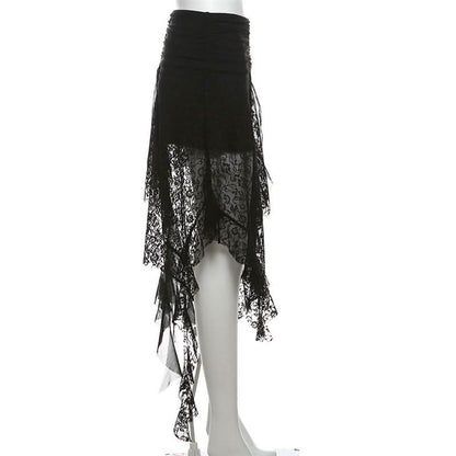 Lace mesh patchwork ruched ruffle midi skirt  | Festival Outfits Women