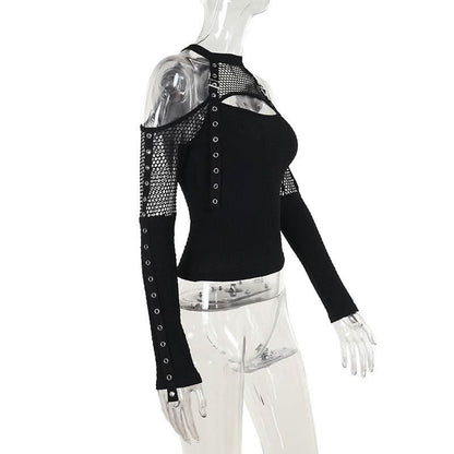 Off shoulder long sleeve fishnet patchwork buckle top  | Festival Outfits Women