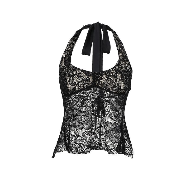 Halter backless lace flower pattern solid top  | Festival Outfits Women