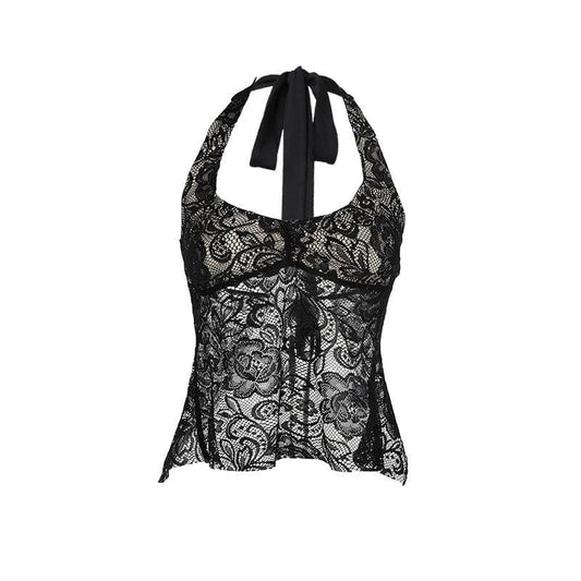 Halter backless lace flower pattern solid top  | Festival Outfits Women