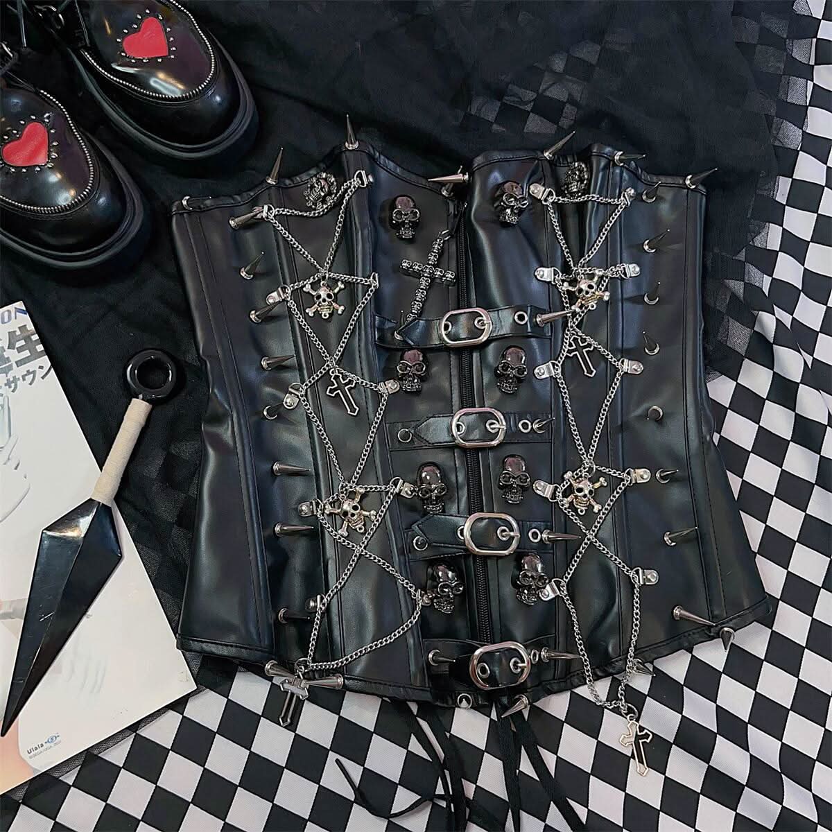 Cross applique PU leather rivet buckle bustier tube top  | Festival Outfits Women