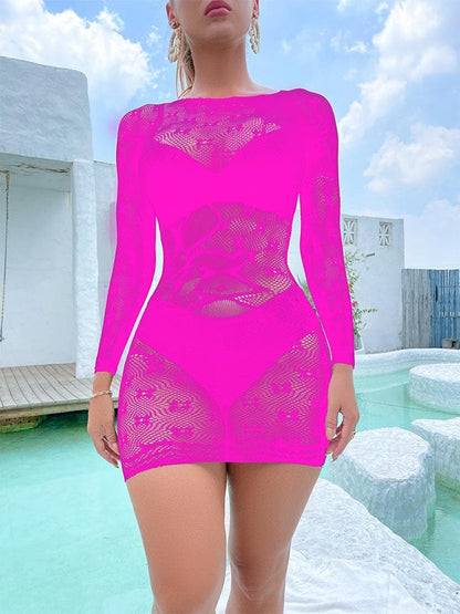 Long sleeve crewneck fishnet pattern mini dress  | Festival Outfits Women