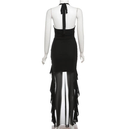 Halter cowl neck flower applique ruffle maxi dress  | Festival Outfits Women