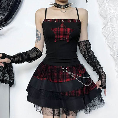 Square neck hollow out star print plaid cami cut out top  | Festival Outfits Women