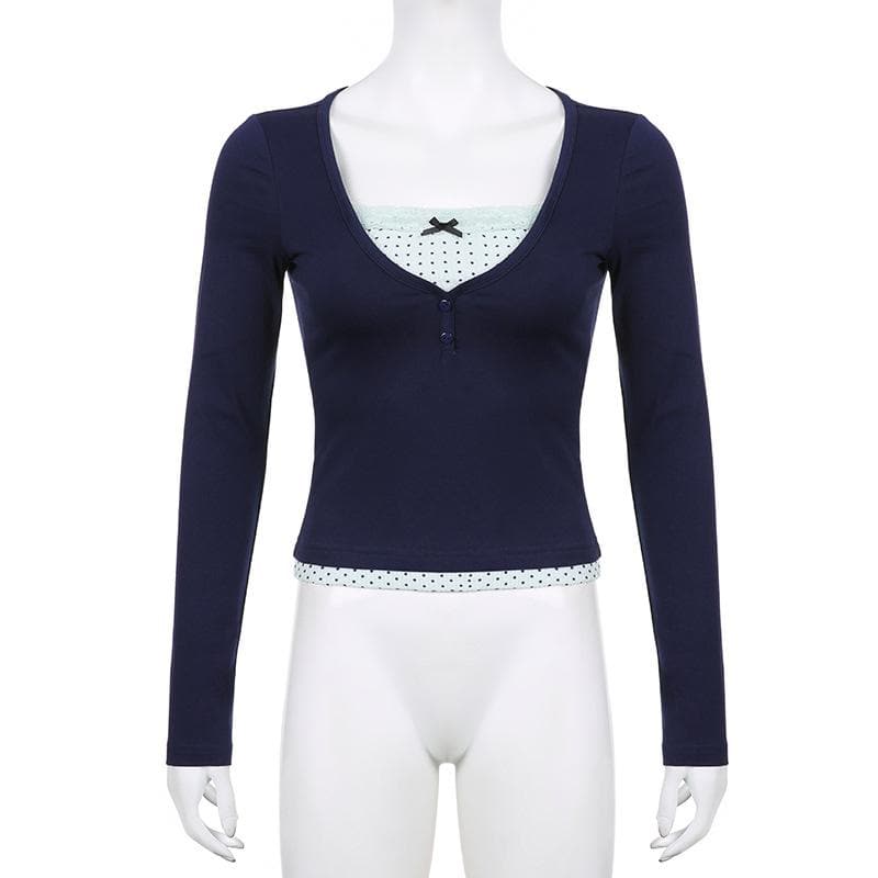 Polka dot patchwork long sleeve lace hem button top  | Festival Outfits Women