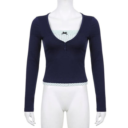 Polka dot patchwork long sleeve lace hem button top  | Festival Outfits Women